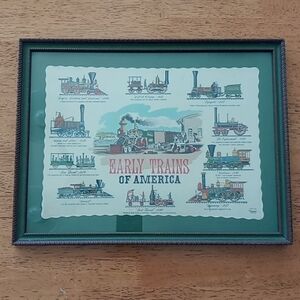 Vintage Framed Placemat "Early Trains Of America"